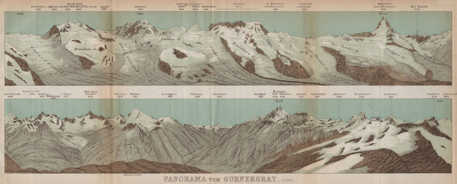 GORNERGRAT PANORAMA. Zermatt Monte Rosa Breithorn Matterhorn Mischabel 1899 map